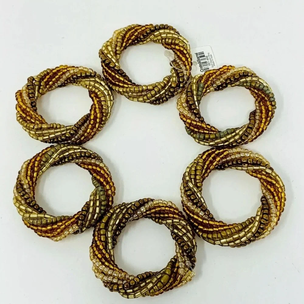Crate & Barrel Gold Multicolor Beaded Holiday Napkin Rings I Set of 6